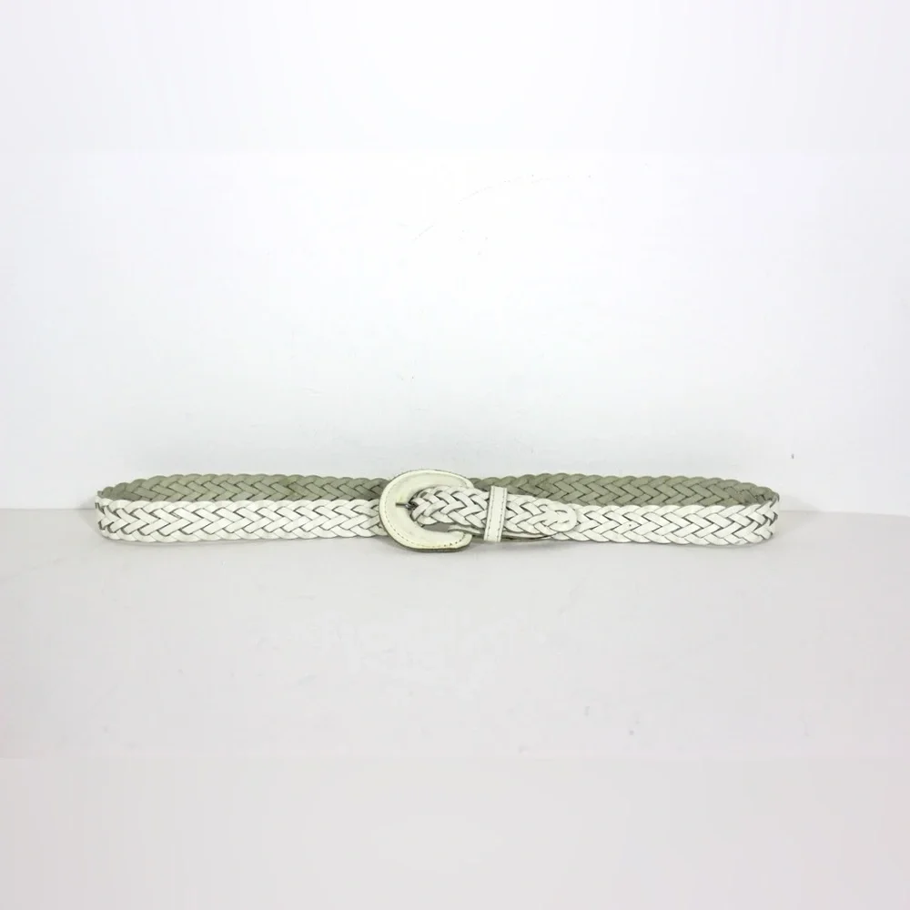 Skinny White Woven Braided Leather Belt, Narrow Self Covered Leather Buckle M L - Picture 2 of 7